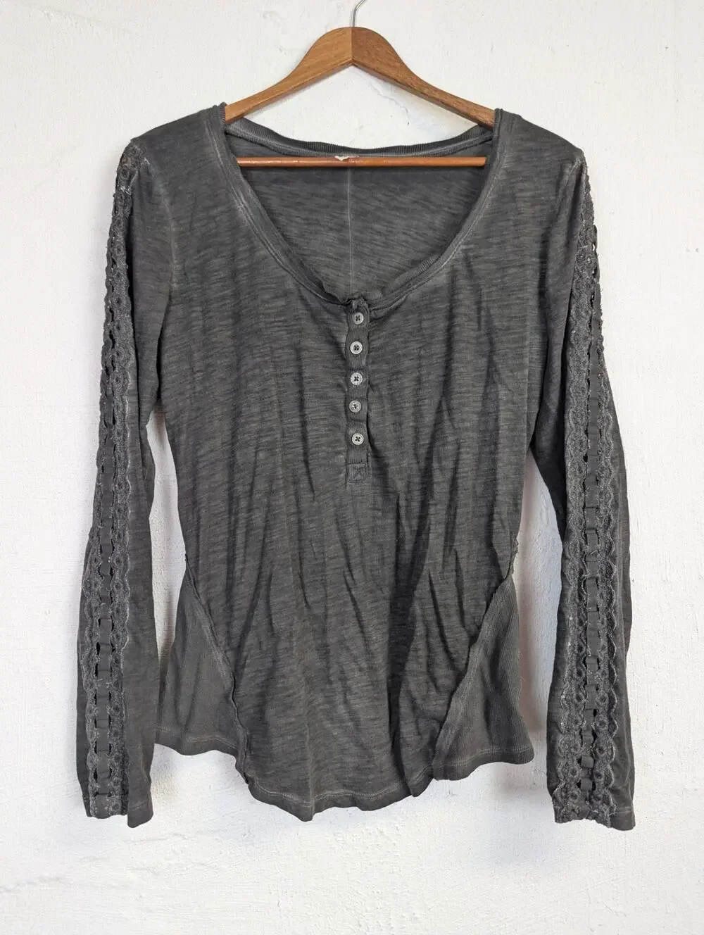Free People Ribbon and Lace Henley Shirt Washed Black Grunge Boho Womens Large
